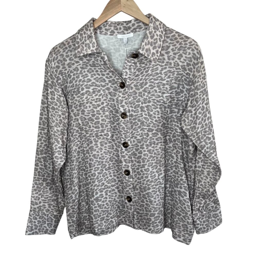 Calme Johnny Was XS Organic Cotton Double Pocket Shacket Gray Leopard Print